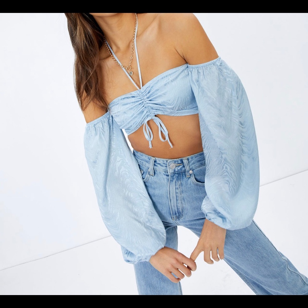 Blue Off the shoulder drawstring crop top